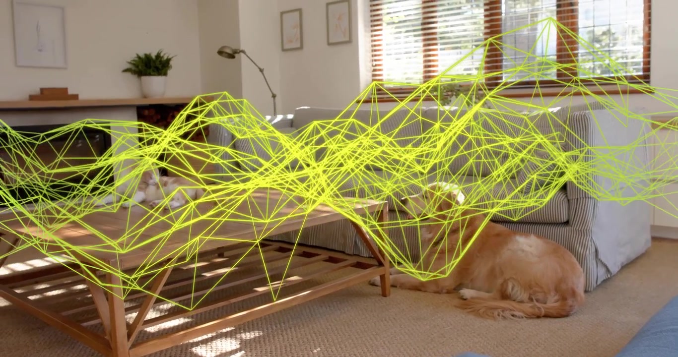 Onda wireframe gialla che parte da sinistra e attraversa la stanza, evidenziando un tappeto illuminato dal sole mentre un cane guarda di sfuggita, riposando.