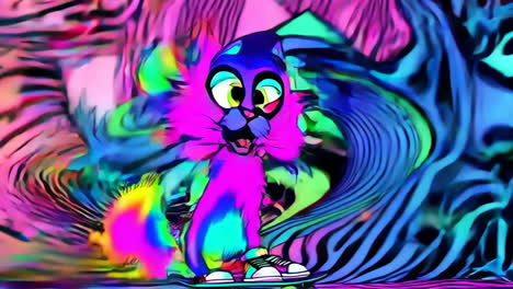 vibrant psychedelic cat skateboarding