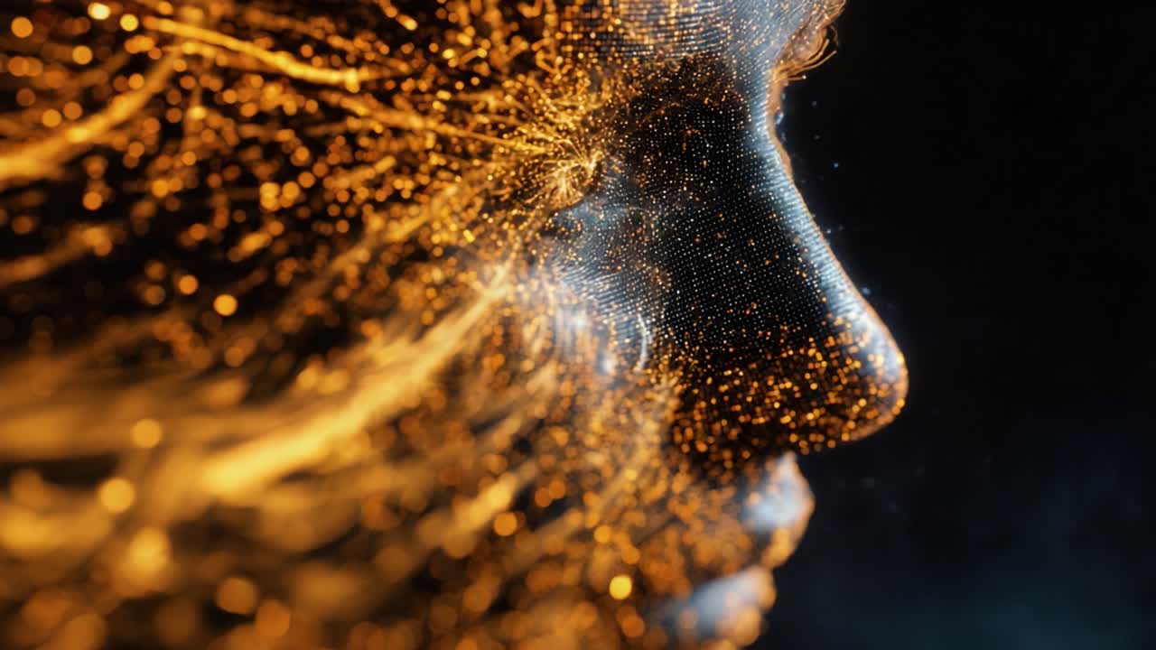 A captivating visual exploration of a face made of luminous particles, showcasing an ethereal representation of identity and the fusion of technology and human emotion, with shimmering colors transforming the scene dramatically