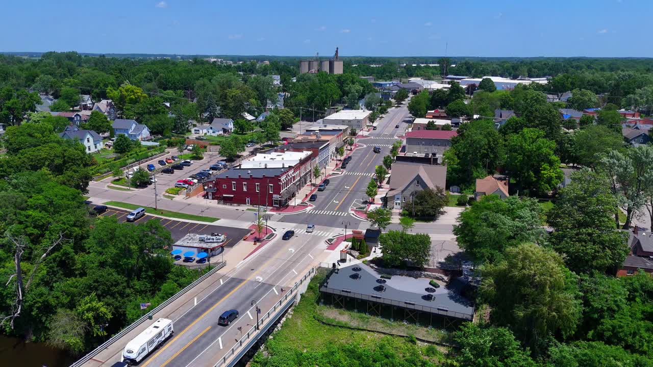 Aerial view of Grand Ledge downtown near Lansing, Michigan, USA, the historic downtown