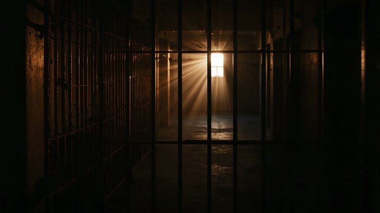Casting beams from barred window into cell corridor through cell bars showing rust, wet floor, dust