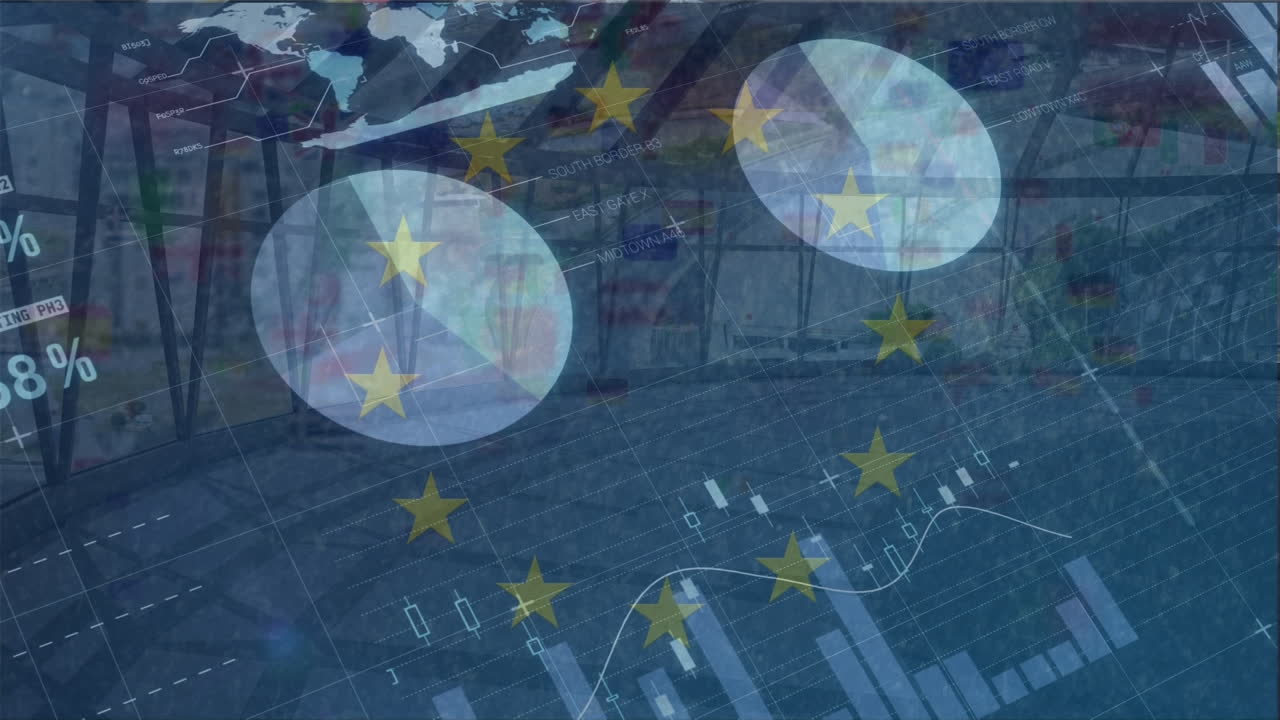 유럽 연합  ⁇ 발 위에 다양한 금융 데이터와 그래프의 애니메이션