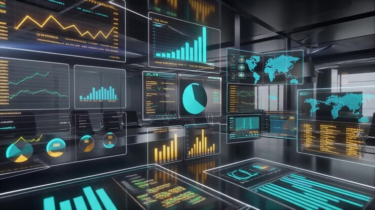 Futuristic Digital Data Visualization Interface in Modern Office