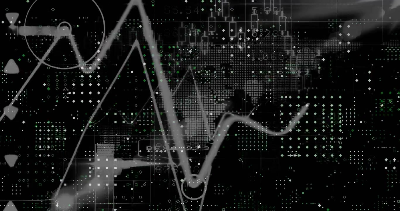 Animation of multiple graphs, blockchains and numbers over dots forming abstract pattern