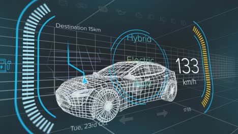 animation of speedometer over electric car project on navy background