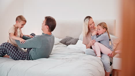 Happy-family,-playing-and-airplane-game-on-bed