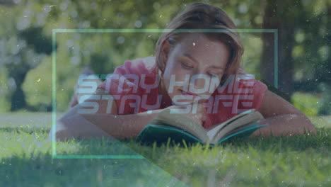 animation of text stay home stay safe in frame over caucasian woman reading a book