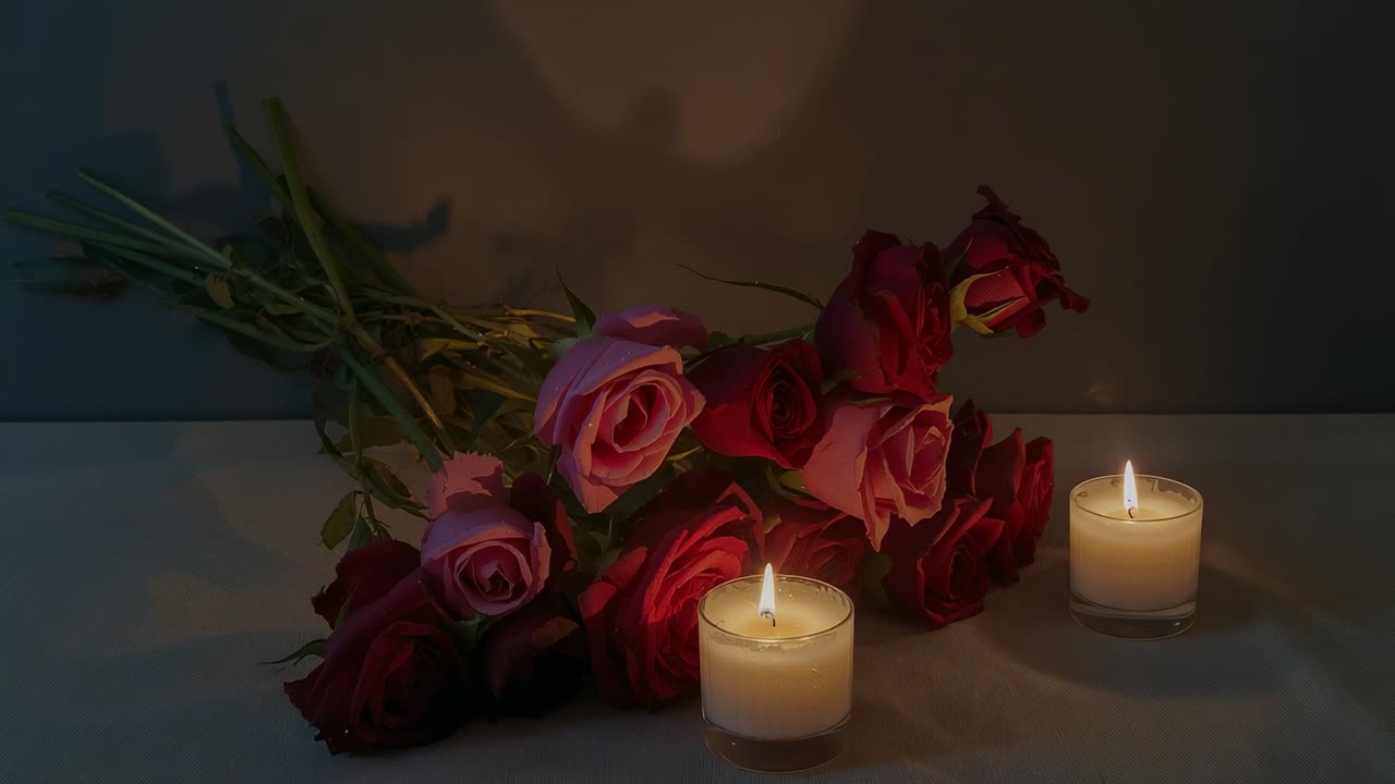 Flakkerende kaarsvlammen die een rozenboeket op tafel verlichten en er dichtbij leunen, waardoor schaduwen ontstaan