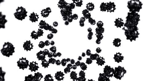 volando muchos virus en personaje de dibujos animados en fondo blanco. concepto médico. divertida mascota de virus negro con enojado. animación de bucle 3d.