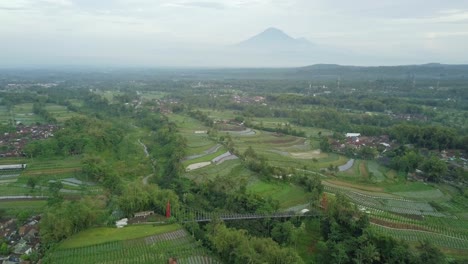 Puente-Colgante-Que-Cruza-El-Valle-Con-Cascada-Rodeada-De-árboles-Y-Plantaciones-Vegetales