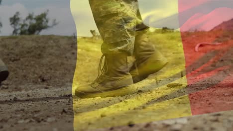 animation of flag of belgium over diverse male soldiers walking