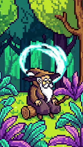 peaceful wizard in a pixelated forest