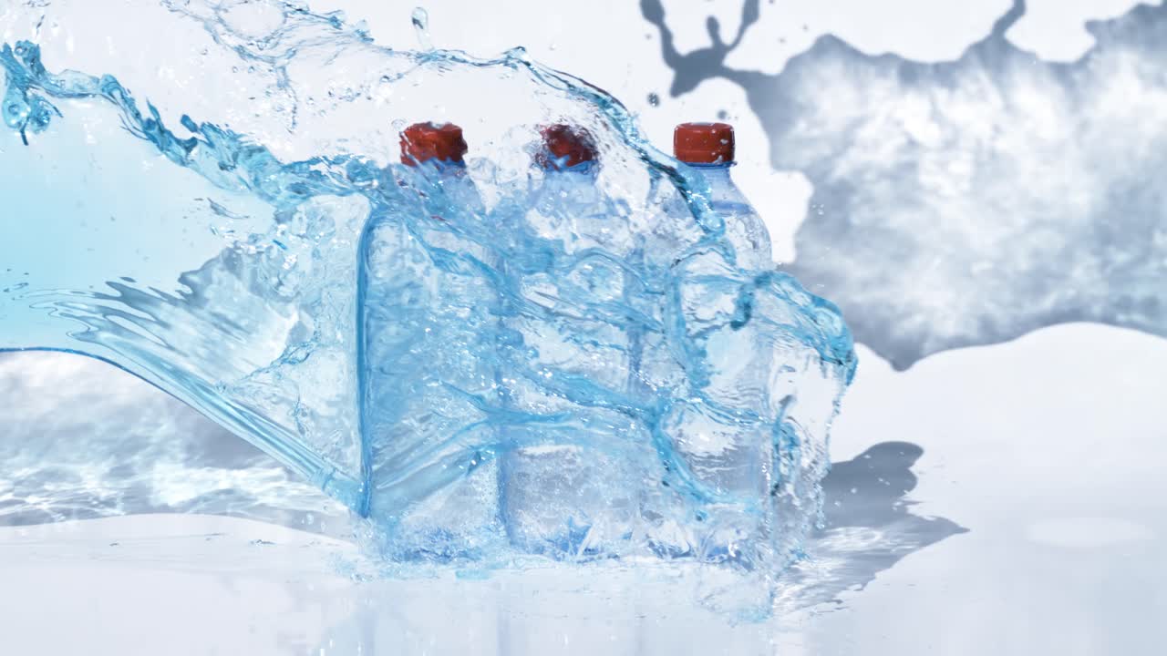 스플래시 블루 워터 (splash blue water) 의 신선한 물병은 슈퍼 슬로 모션 카메라 1000fps로 촬영되었습니다.