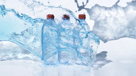 Frische-Trinkwasserflaschen-In-Spritzblauem-Wasser.-Aufgenommen-Mit-Super-Zeitlupenkamera-1000 fps.