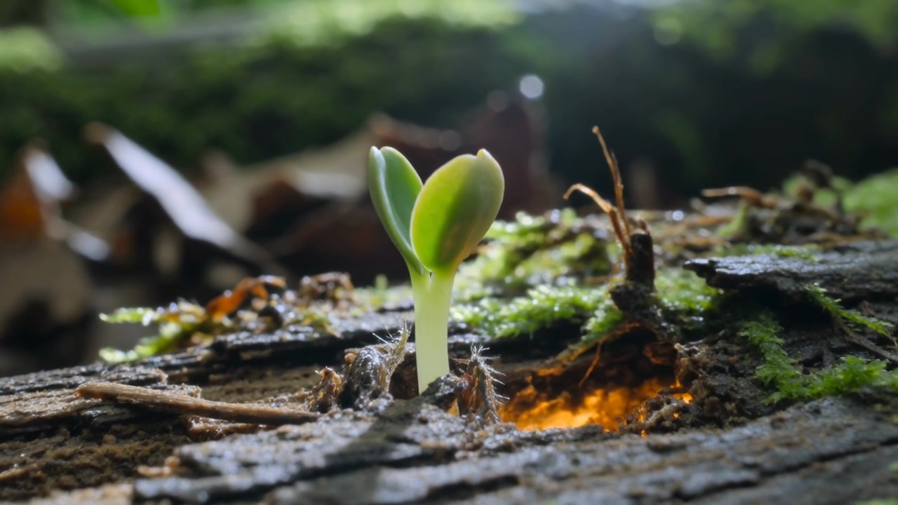 Moisture stimulating pale seedling pushing through bark fissure, shedding seed coat, seeking light