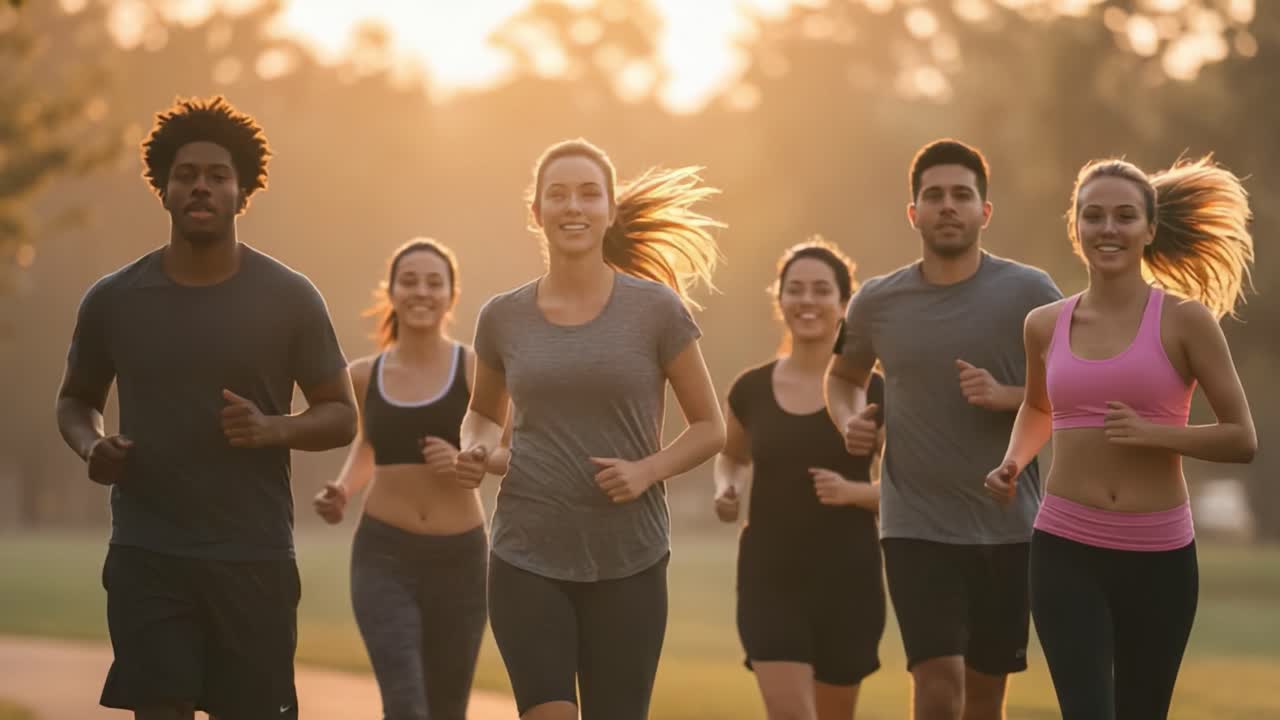 Gruppo di persone diverse che fa jogging all'aperto al tramonto