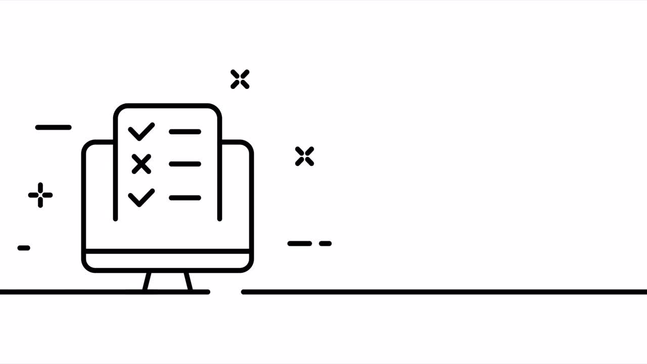 Computer med tjekliste. Huskeliste, arbejde, rapport, dagens mål, planlægning, tidsplan. Forretningskoncept. En stregtegning animation. Motion design. Animeret teknologilogo. Video 4K