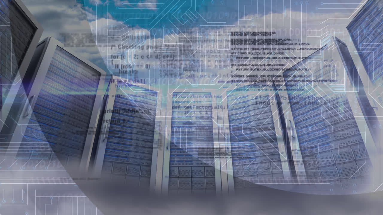 Animation of data processing and microprocessor connections over computer servers and clouds in sky