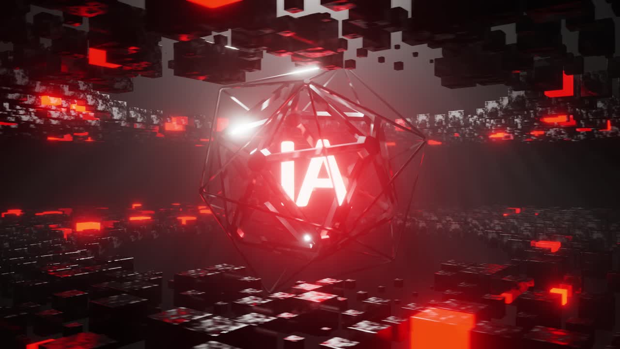 Rotating glowing object with AI letters moving around. Loop animation 3d