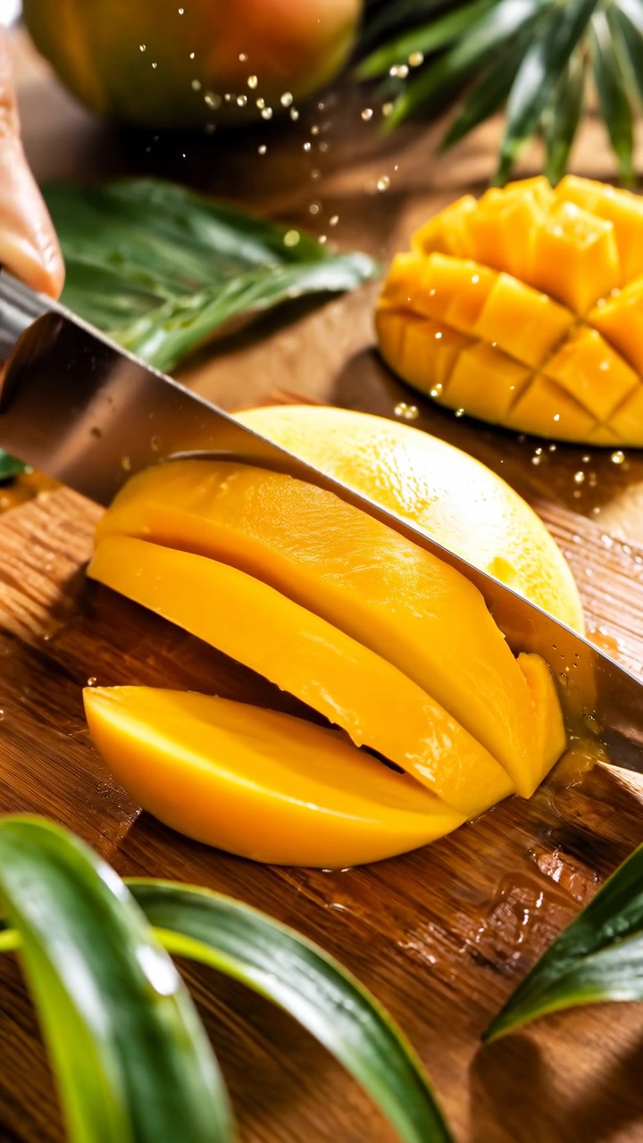 Una vista ravvicinata mostra fette di mango che vengono tagliate e separate su una superficie di legno con foglie verdi nelle vicinanze; una luminosa illuminazione naturale evidenzia la texture succosa, i colori caldi e il dettagliato processo di preparazione del cibo.
