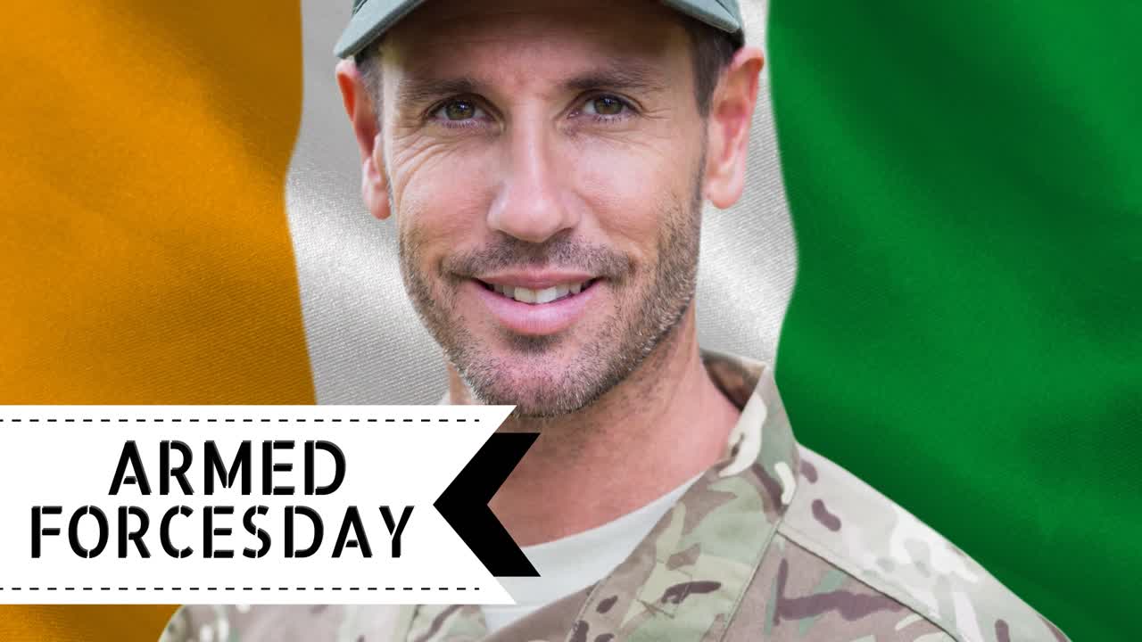 animación de las fuerzas armadas texto del día y soldado masculino caucásico sobre la bandera de costa de marfil