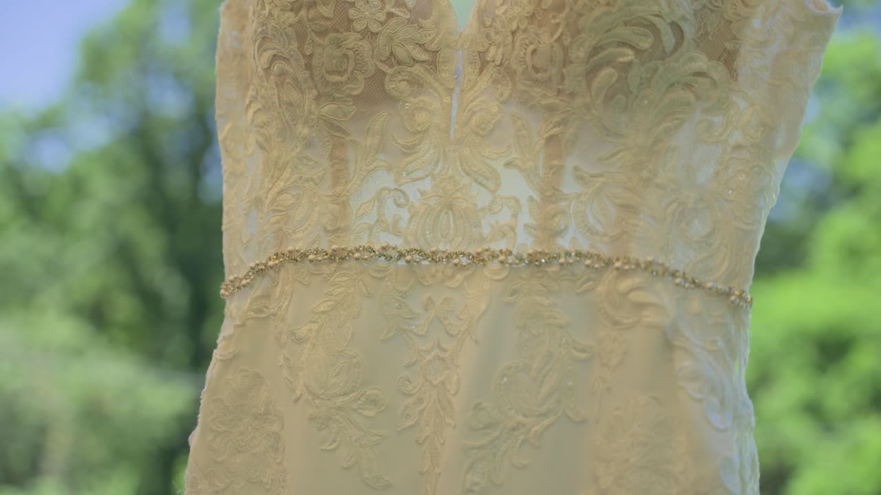 Un primo piano dettagliato di un abito da sposa in pizzo bianco caratterizzato da intricati ricami floreali e una scintillante cintura di strass, appeso contro uno sfondo sfocato di alberi verdi e cielo blu