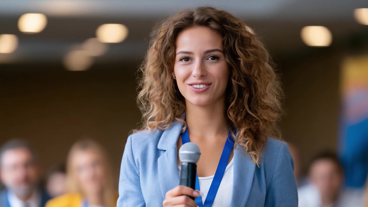 Presentatore fiducioso che coinvolge un pubblico con entusiasmo a un evento professionale, evidenziando le competenze nell'oratoria e l'eccellenza nella comunicazione.