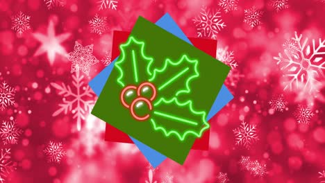 Animation-of-christmas-holly-on-cards-over-snow-falling-on-red-background