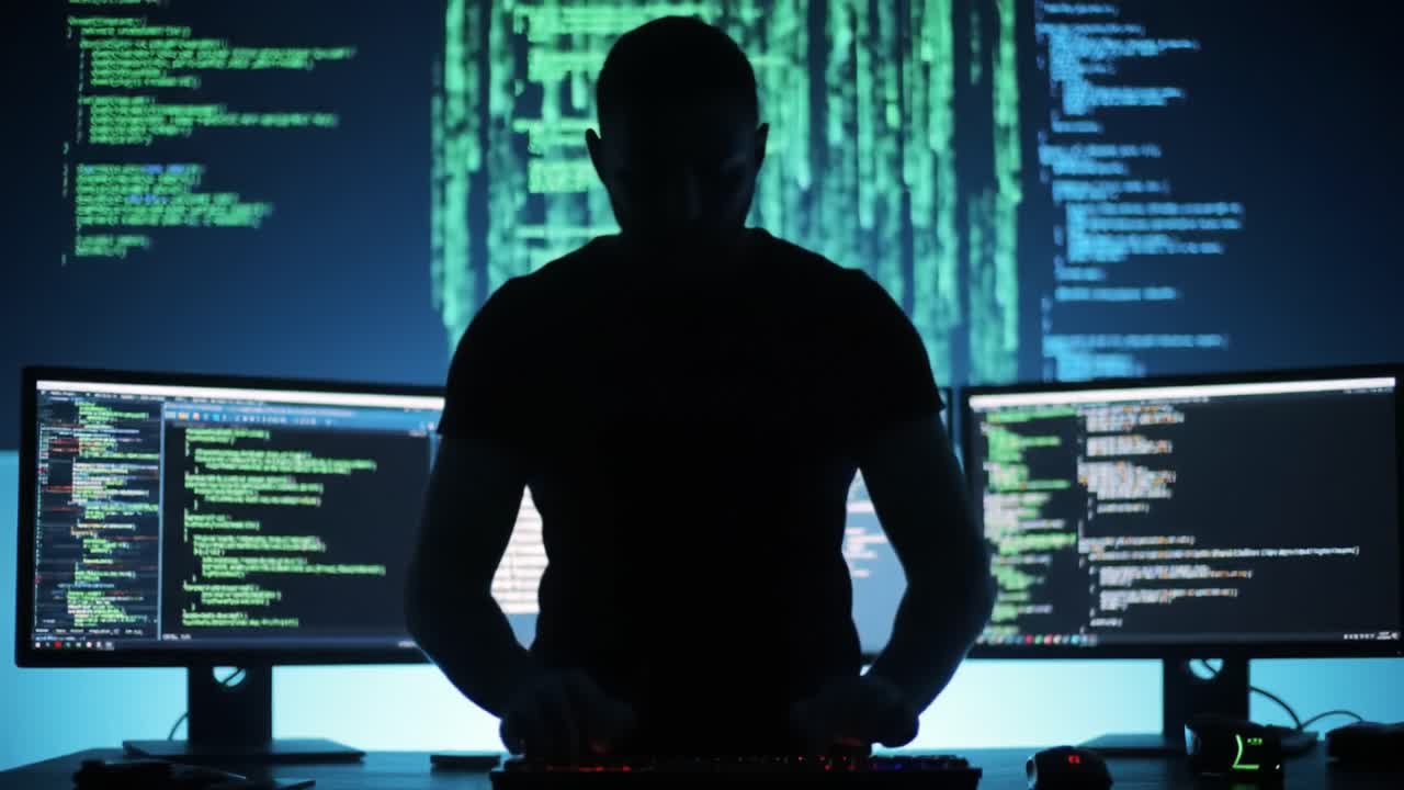 A silhouetted figure engrossed in coding at a dual-monitor setup, illuminated by vibrant green code streaming down the background, showcasing the essence of programming in a cyber-themed environment
