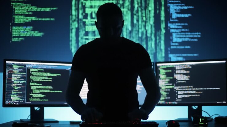 A silhouetted figure engrossed in coding at a dual-monitor setup, illuminated by vibrant green code streaming down the background, showcasing the essence of programming in a cyber-themed environment