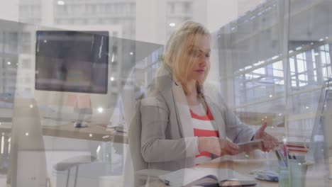 Animation-of-caucasian-businesswoman-walking-and-using-smartphone