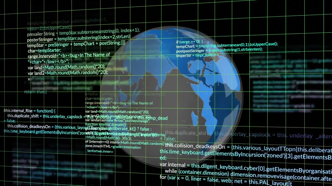 Animation of grid pattern and computer language over rotating globe against black background