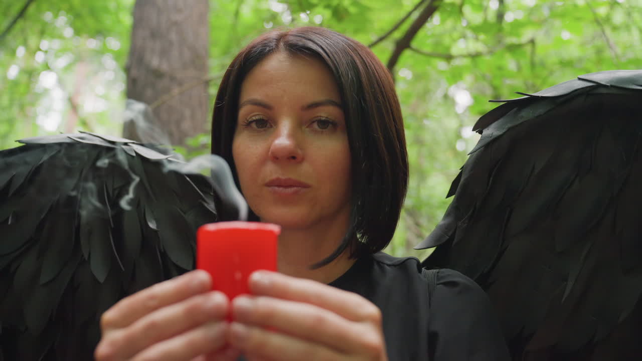 Young woman dressed in black with large black wings holding red candle just after blowing out flame in forest, smoke curling upward symbolizing reflection, and mystical end of spiritual ritual