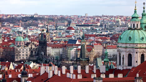 Prague-city-center-panorama-with-towers,-spires-and-Charles-bridge