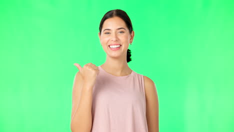 Woman-face,-pointing-and-green-screen