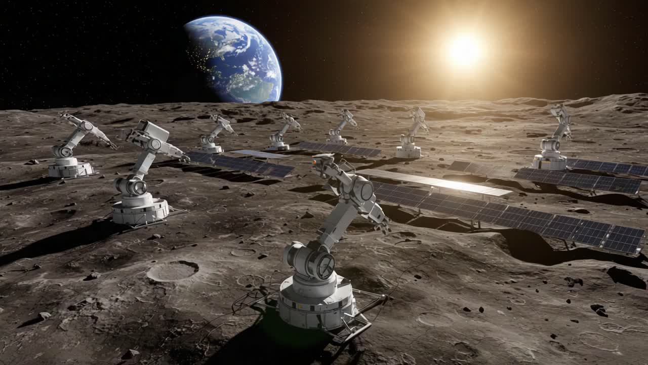 A Futuristic Lunar Scene Featuring Advanced Robotic Arms and Solar Panels Amidst a Stunning Earthrise and a Bright Sun, Showcasing Human Ingenuity in Space Exploration