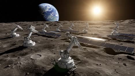 a futuristic lunar scene featuring advanced robotic arms and solar panels amidst a stunning earthrise and a bright sun, showcasing human ingenuity in space exploration