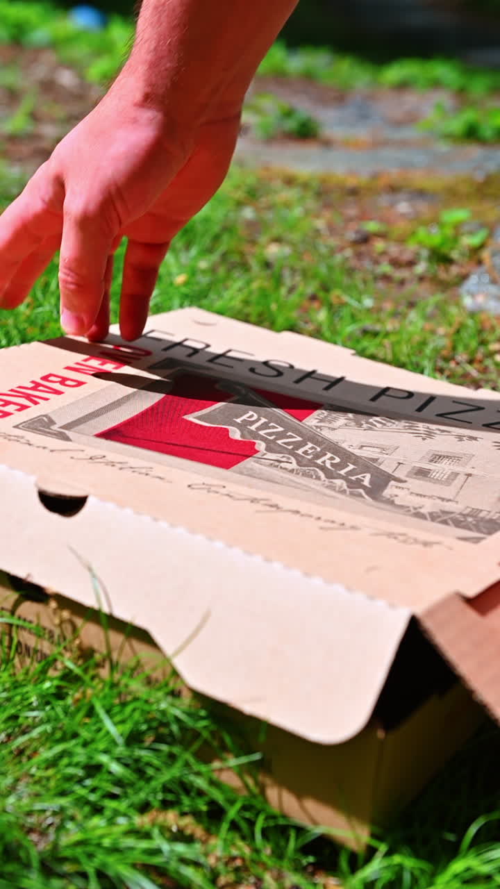 New York, USA, 8 agosto 2025: pizza con prosciutto al sole. La pizza con prosciutto si trova in una scatola illuminata dal sole, circondata da vegetazione fresca.