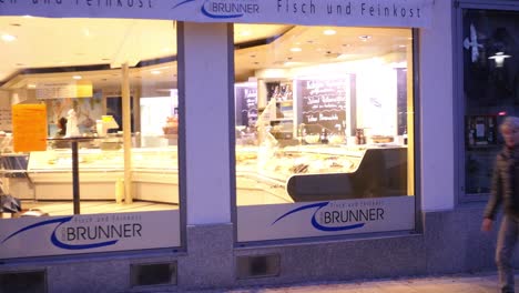 fish shop exterior at night