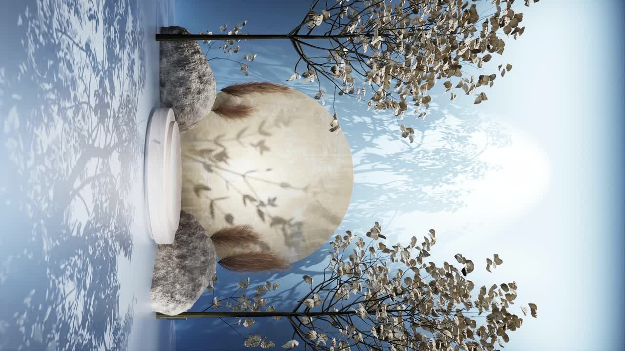 diseño de stand de exhibición de productos forestales con sombra de hojas de árboles en animación de renderización 3d, sitio web de comercio electrónico descuento de venta para productos naturales cielo claro azul