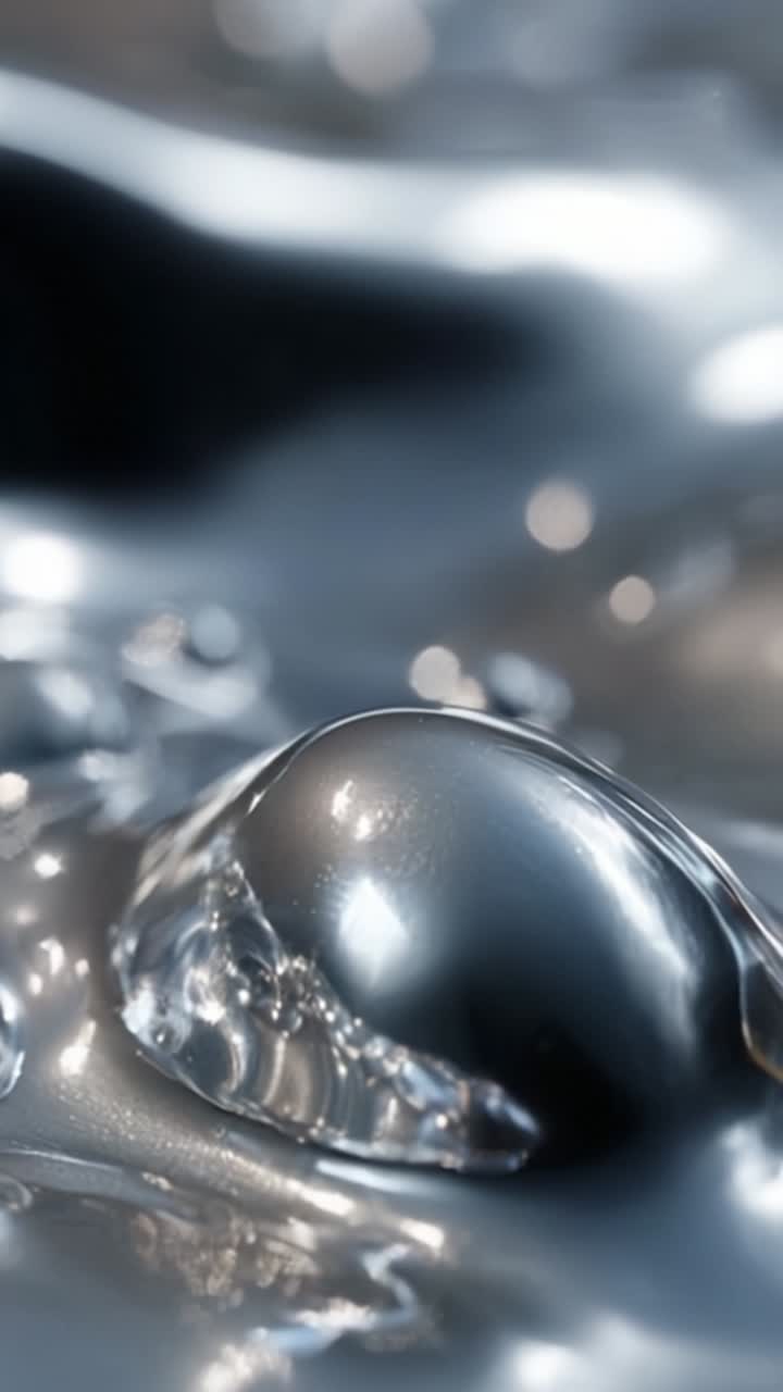 A Close-Up View of Liquid Metal Drops on a Shiny Surface Highlighting Reflections and Texture in a Stunning Macro Perspective