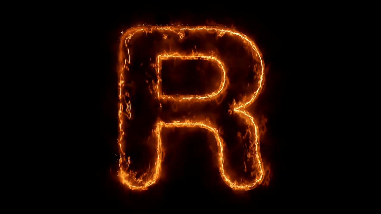 alfabeto r palabra animada caliente ardiendo ciclo de llama de fuego realista.