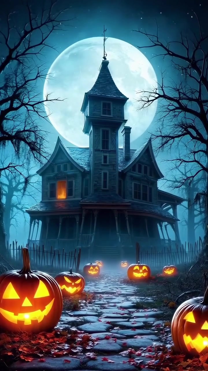 Casa stregata spettrale con jack-o'-lantern luminose sotto una luna piena