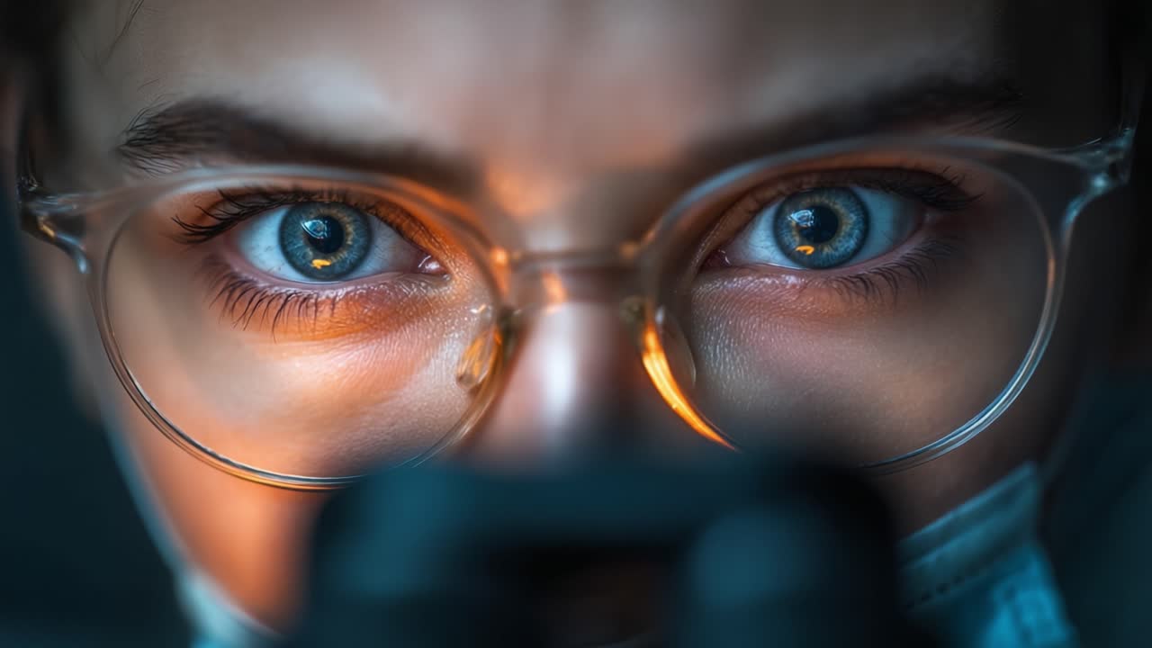 Primo piano accattivante di occhi intensi dietro gli occhiali, concentrati e impegnati in un'attività, che mostrano emozione e precisione nel momento.