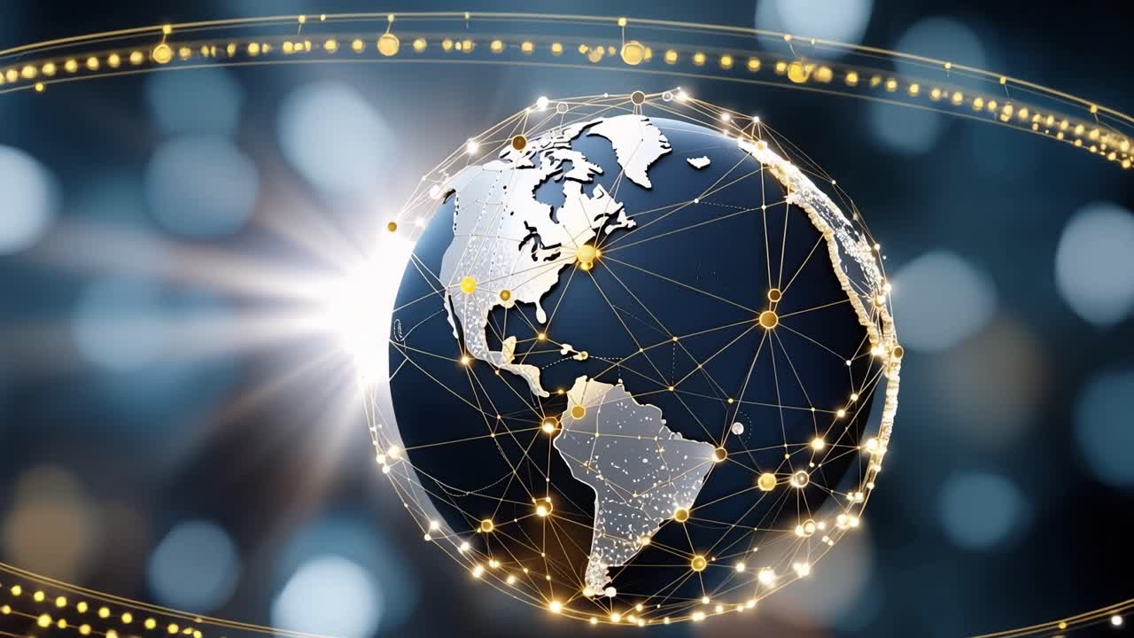 Rotating Earth Globe with Glowing Global Network and Lens Flare