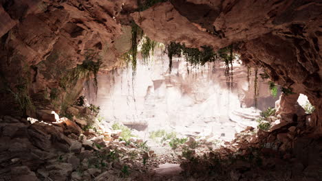 Dentro-De-Una-Cueva-De-Piedra-Caliza-Con-Plantas-Y-Sol