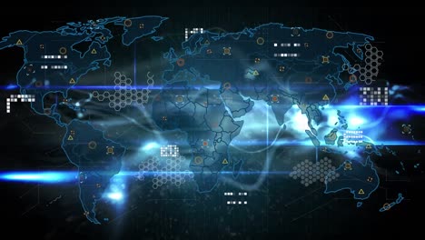 animación de la red de conexiones y procesamiento de datos sobre el mapa del mundo