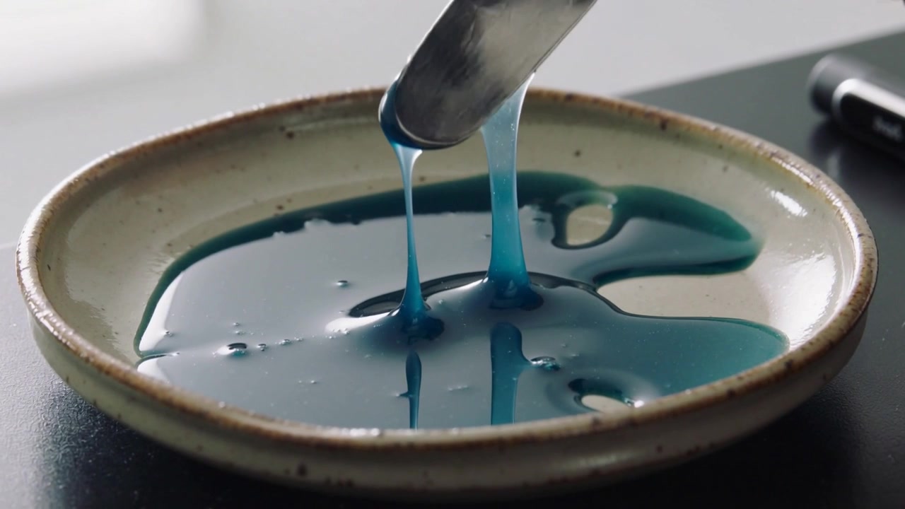 Premendo una spatola in una pozza blu, una mano solleva fili sottili in un piatto di ceramica su un tavolo, formando delle gocce