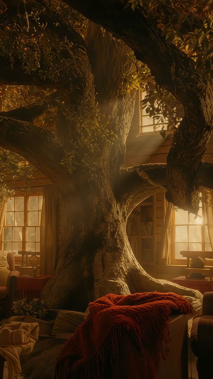 Vertical video: Sunlight streaming through window shifting beams across living room with tree trunk