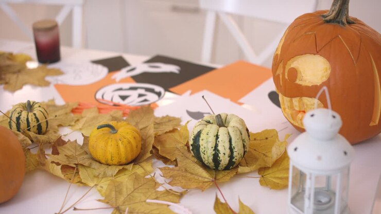 Pumpkins on leaves